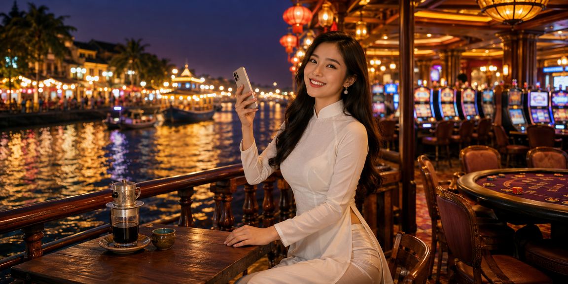 Người phụ nữ Mekong mặc áo dài sử dụng điện thoại chơi casino trực tuyến bên dòng sông